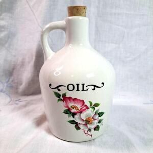 Vintage Oil Jug House of Webster White Cork Stopper Ceramic Painted Rose Floral
